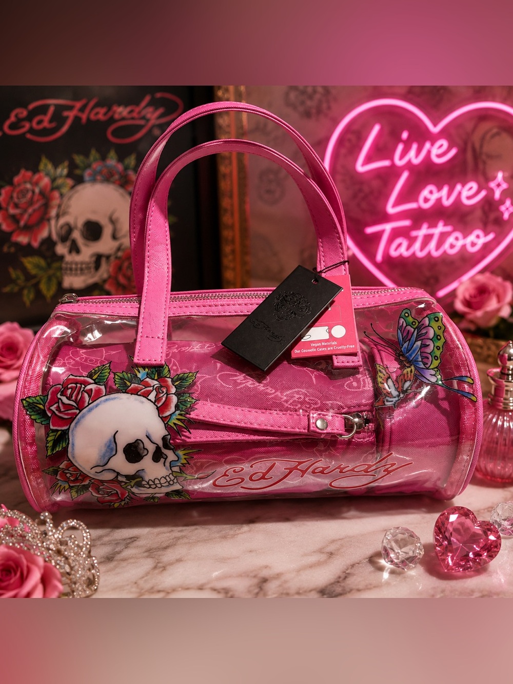 Ed Hardy Hot Pink Skull & Rose Clear Barrel 3 piece Cosmetic Case set
